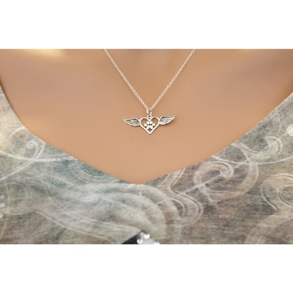 Sterling Silver Paw Print Charm with Heart and Wings Necklace - Picture 5 of 5